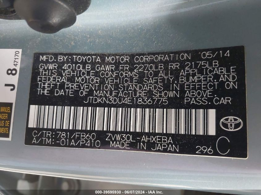 2014 Toyota Prius Two VIN: JTDKN3DU4E1836775 Lot: 39595930