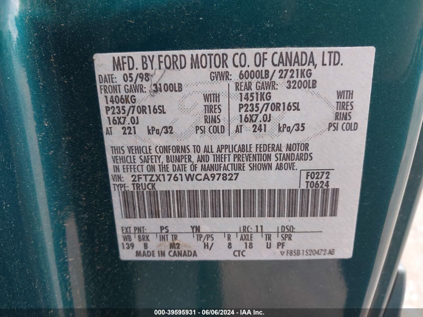 1998 Ford F-150 Lariat/Standard/Xl/Xlt VIN: 2FTZX1761WCA97827 Lot: 39595931