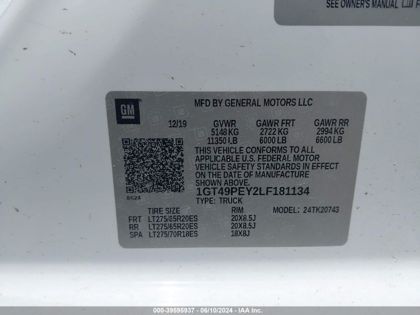 2020 GMC Sierra 2500Hd 4Wd Standard Bed At4 VIN: 1GT49PEY2LF181134 Lot: 39595937