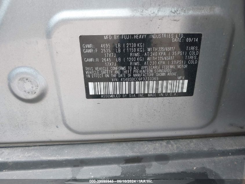 2015 Subaru Outback 2.5I Premium VIN: 4S4BSBCC6F3233369 Lot: 39595945