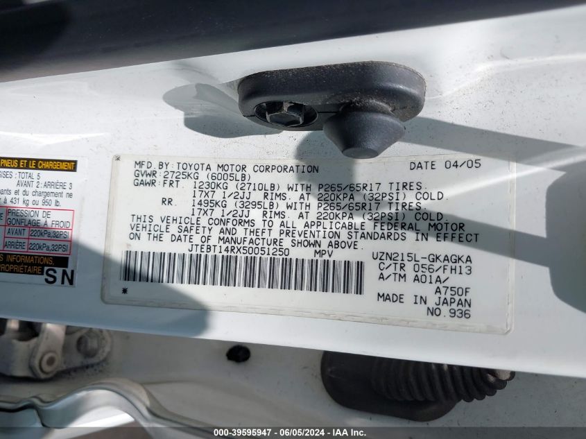 2005 Toyota 4Runner Sr5 Sport V8 VIN: JTEBT14RX50051250 Lot: 39595947