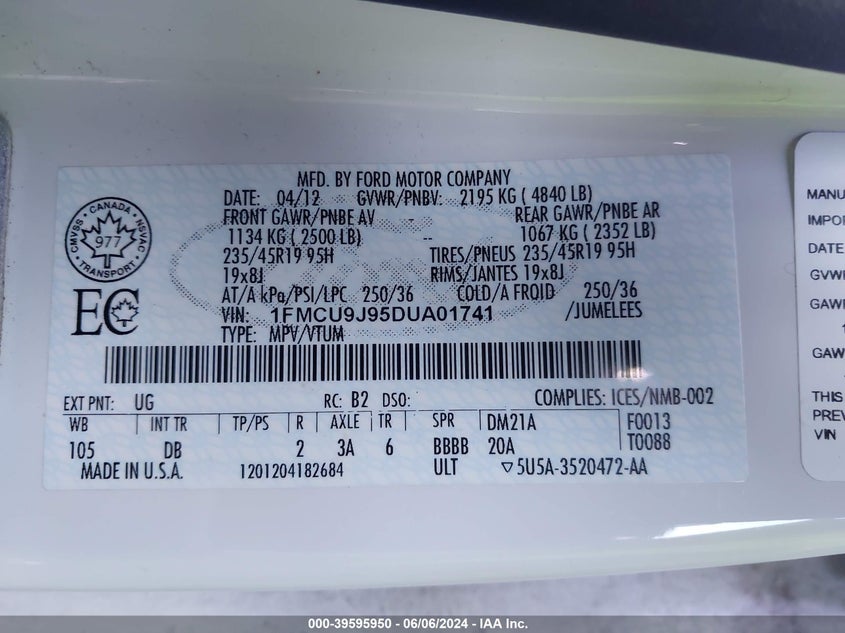 2013 Ford Escape Titanium VIN: 1FMCU9J95DUA01741 Lot: 39595950