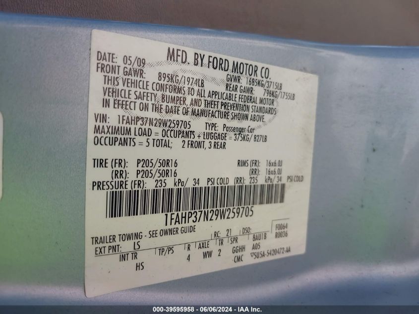 2009 Ford Focus Sel VIN: 1FAHP37N29W259705 Lot: 39595958