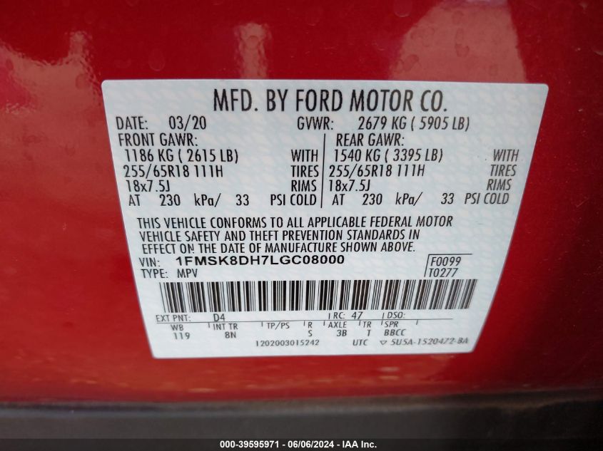 2020 Ford Explorer Xlt VIN: 1FMSK8DH7LGC08000 Lot: 39595971