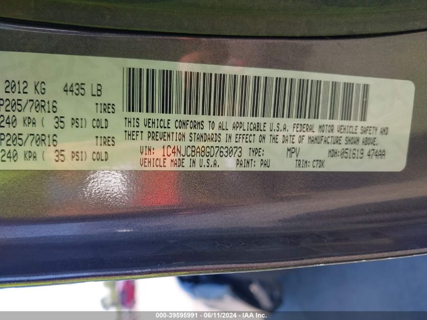 2016 Jeep Compass Sport VIN: 1C4NJCBA8GD763073 Lot: 39595991