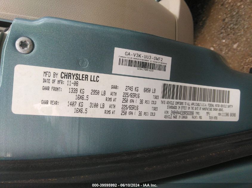 2009 Chrysler Town & Country Lx VIN: 2A8HR44E89R583998 Lot: 39595992