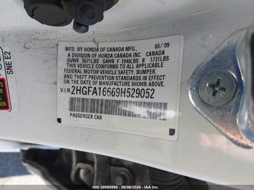 2009 Honda Civic Lx-S VIN: 2HGFA16669H529052 Lot: 39595995