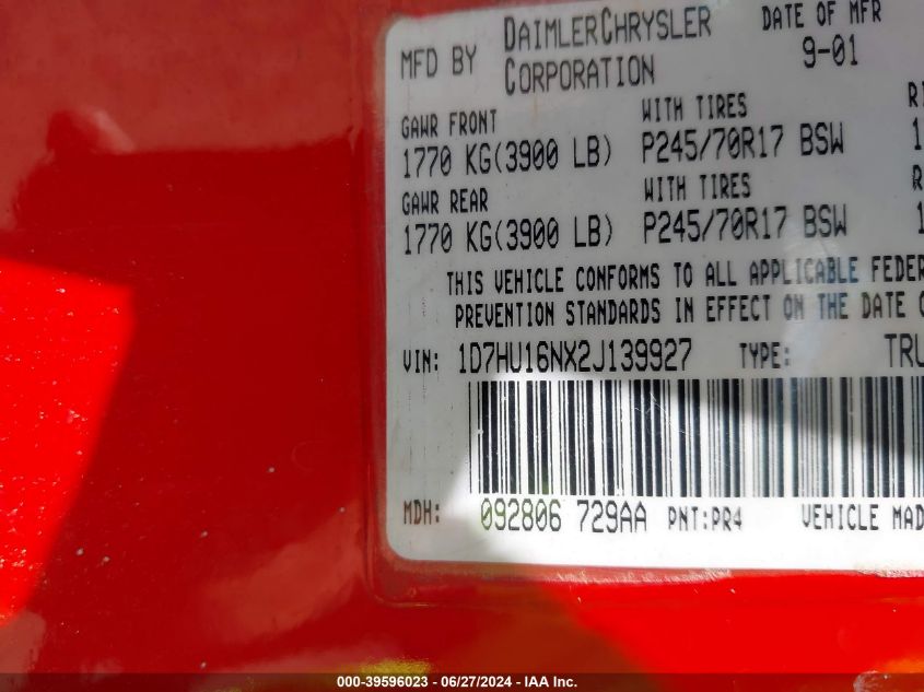 2002 Dodge Ram 1500 St VIN: 1D7HU16NX2J139927 Lot: 39596023