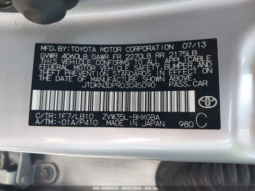 2013 Toyota Prius Plug-In Advanced VIN: JTDKN3DP9D3045090 Lot: 39596032