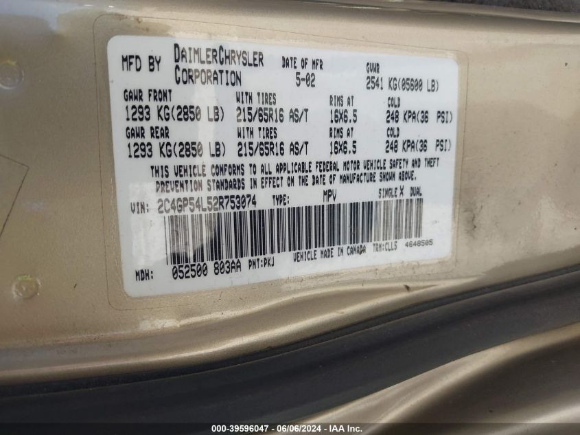 2002 Chrysler Town & Country Lxi VIN: 2C4GP54L52R753074 Lot: 39596047