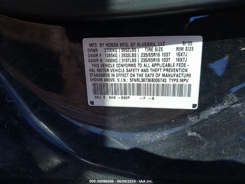 2006 Honda Odyssey Ex-L VIN: 5FNRL38736B006743 Lot: 39596056