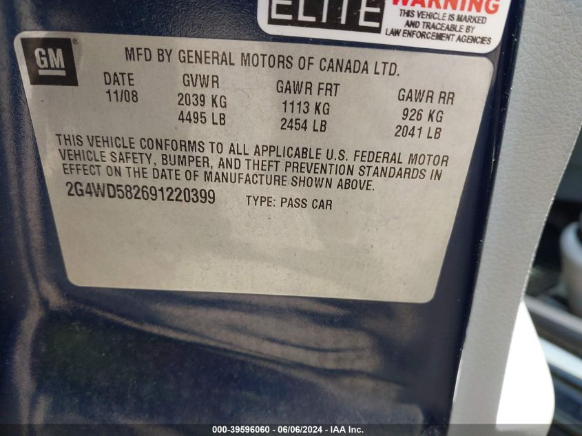 2009 Buick Lacrosse Cxl VIN: 2G4WD582691220399 Lot: 39596060