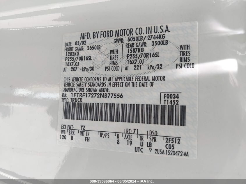 2002 Ford F-150 Xl/Xlt VIN: 1FTRF17272NB77556 Lot: 39596064