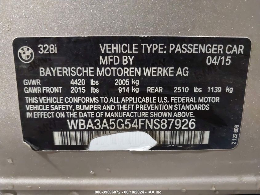 2015 BMW 328I VIN: WBA3A5G54FNS87926 Lot: 39596072