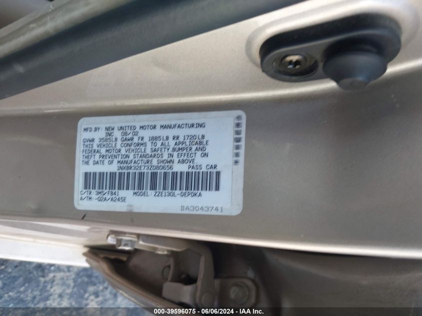 2003 Toyota Corolla Ce VIN: 1NXBR32E73Z080656 Lot: 39596075