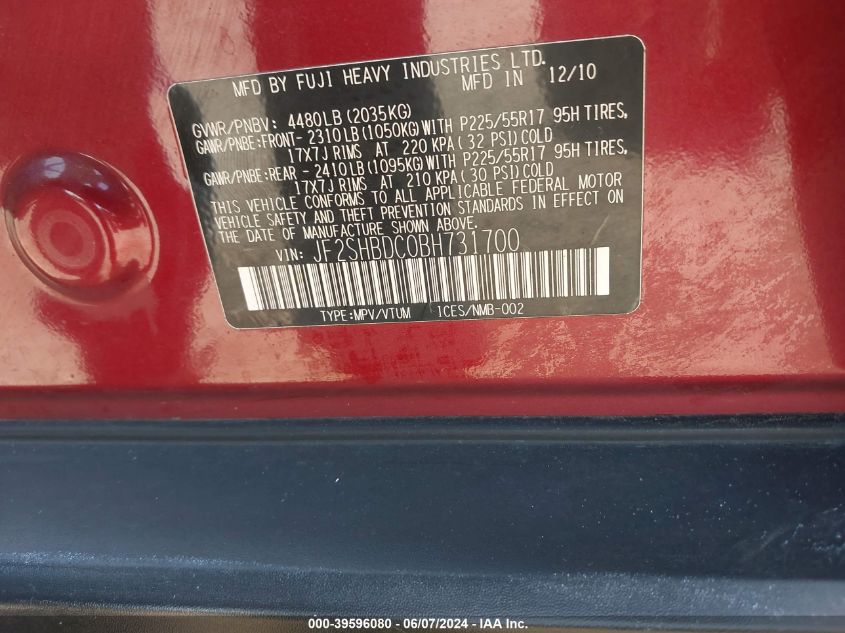 2011 Subaru Forester 2.5X Premium VIN: JF2SHBDC0BH731700 Lot: 39596080