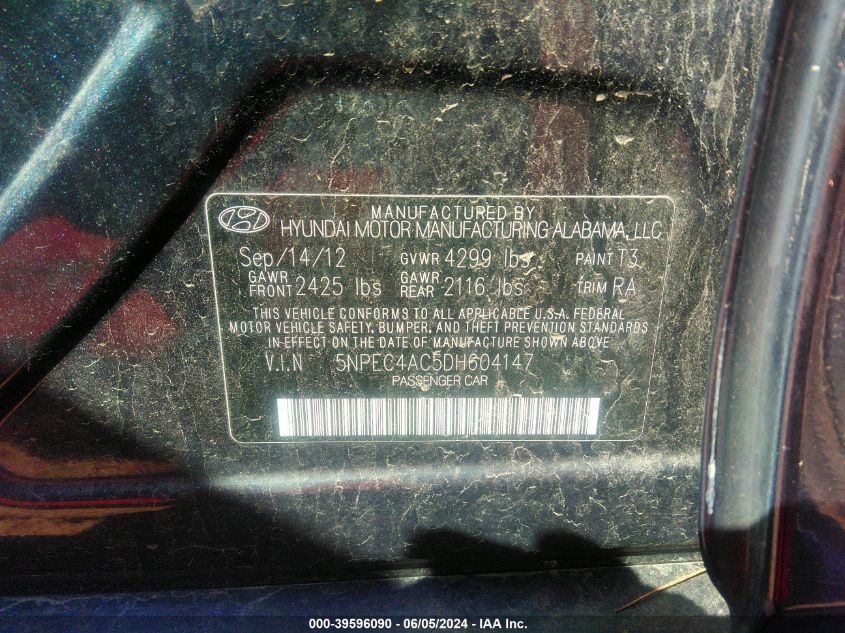 2013 Hyundai Sonata Limited VIN: 5NPEC4AC5DH604147 Lot: 39596090