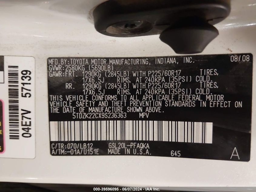 2009 Toyota Sienna Limited VIN: 5TDZK22CX9S236363 Lot: 39596095