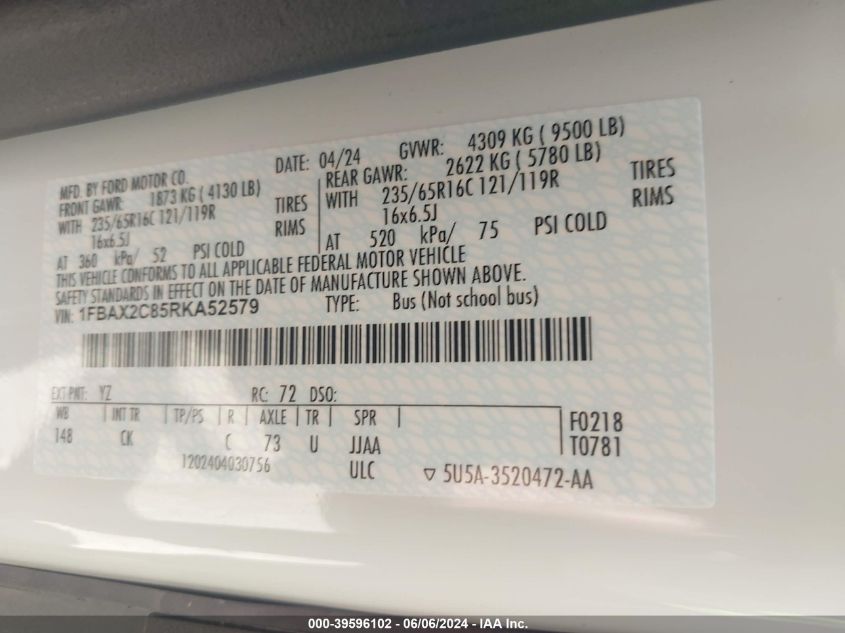 2024 Ford Transit-350 Passenger Van Xlt VIN: 1FBAX2C85RKA52579 Lot: 39596102