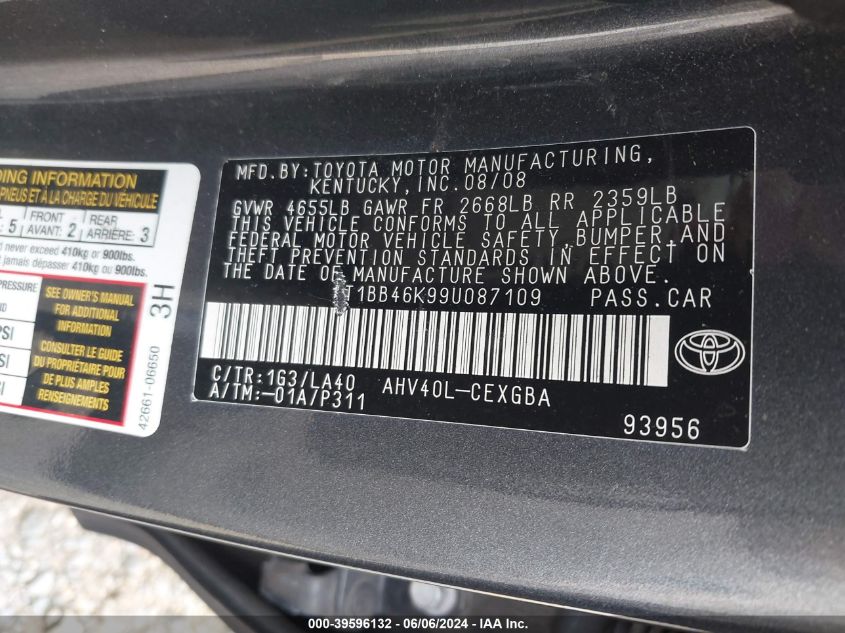 4T1BB46K99U087109 | 2009 TOYOTA CAMRY HYBRID