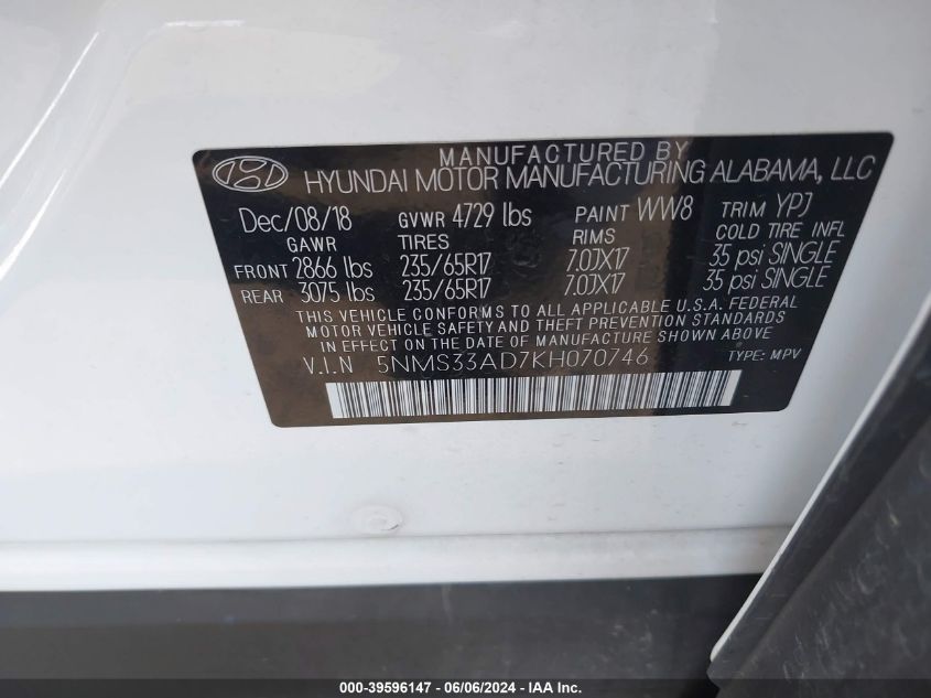 2019 Hyundai Santa Fe Sel VIN: 5NMS33AD7KH070746 Lot: 39596147