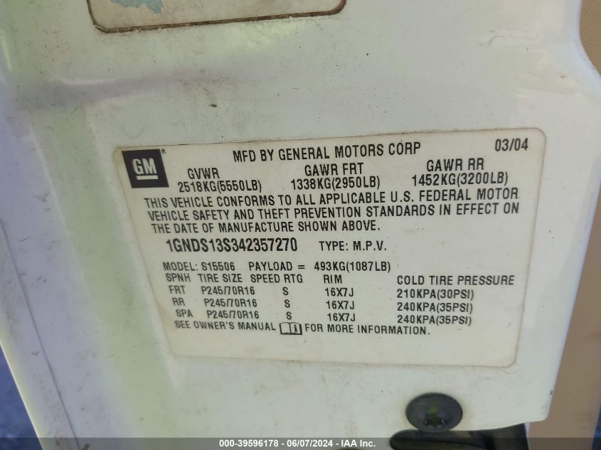 2004 Chevrolet Trailblazer Ls VIN: 1GNDS13S342357270 Lot: 39596178