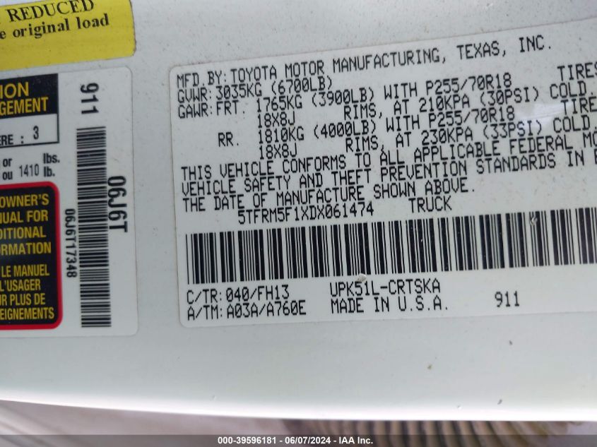 2013 Toyota Tundra Grade 4.6L V8 VIN: 5TFRM5F1XDX061474 Lot: 39596181