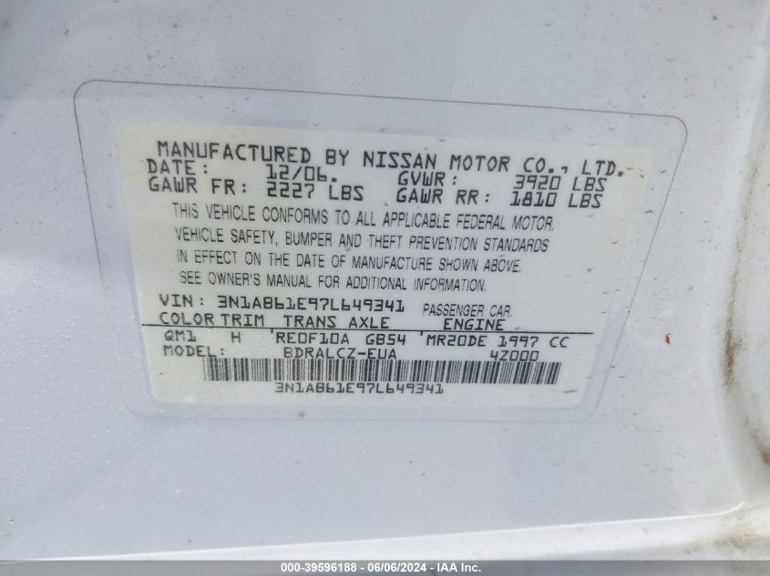 2007 Nissan Sentra 2.0/2.0S/2.0Sl VIN: 3N1AB61E97L649341 Lot: 39596188