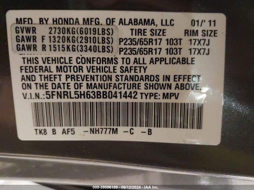 2011 Honda Odyssey Ex-L VIN: 5FNRL5H63BB041442 Lot: 39596189