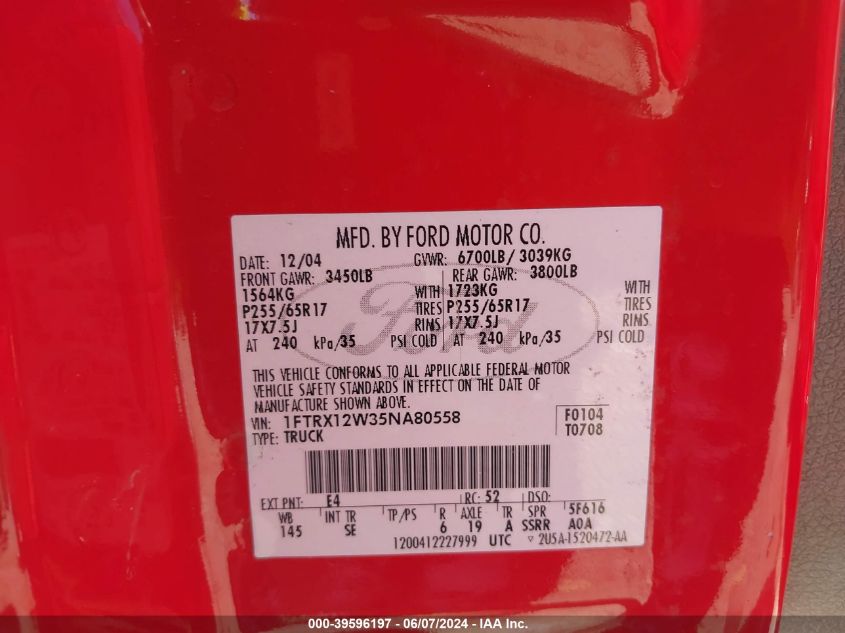 2005 Ford F-150 Stx/Xl/Xlt VIN: 1FTRX12W35NA80558 Lot: 39596197