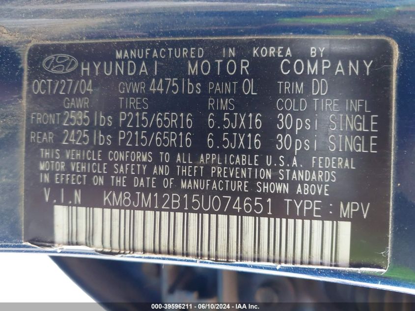 2005 Hyundai Tucson Gl VIN: KM8JM12B15U074651 Lot: 39596211