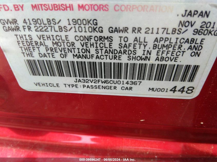 2012 Mitsubishi Lancer Se VIN: JA32V2FW6CU014367 Lot: 39596247