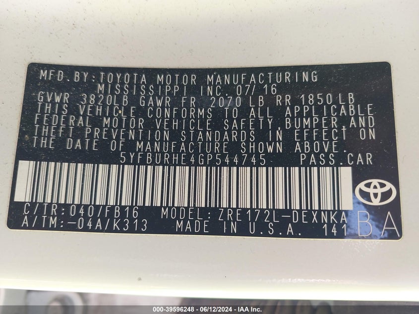 2016 Toyota Corolla Le VIN: 5YFBURHE4GP544745 Lot: 39596248