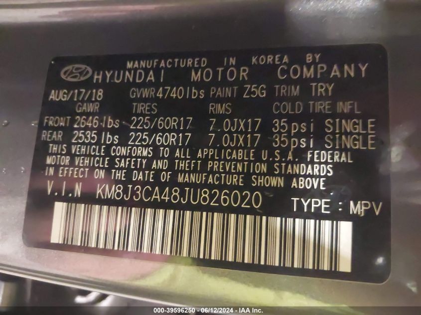 2018 Hyundai Tucson Sel VIN: KM8J3CA48JU826020 Lot: 39596250