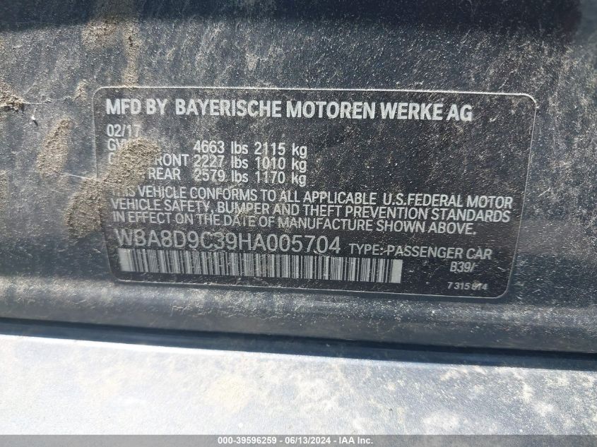 2017 BMW 330I xDrive VIN: WBA8D9C39HA005704 Lot: 39596259