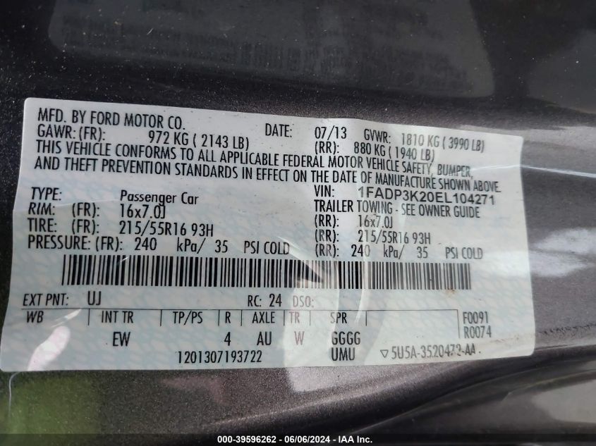 2014 FORD FOCUS SE - 1FADP3K20EL104271