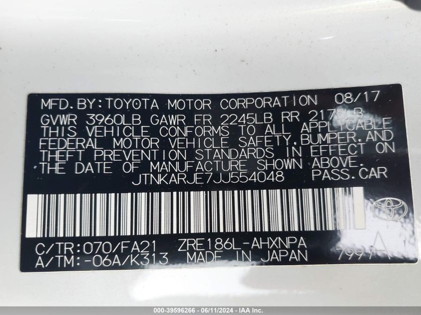 2018 Toyota Corolla Im VIN: JTNKARJE7JJ554048 Lot: 39596266