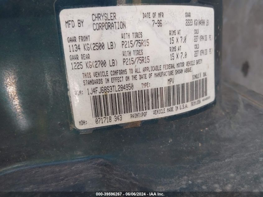 1996 Jeep Cherokee Sport/Classic VIN: 1J4FJ68S3TL284950 Lot: 39596267