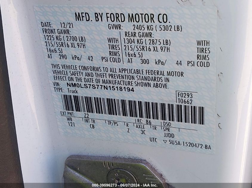 2022 Ford Transit Connect Xl VIN: NM0LS7S77N1518194 Lot: 39596273