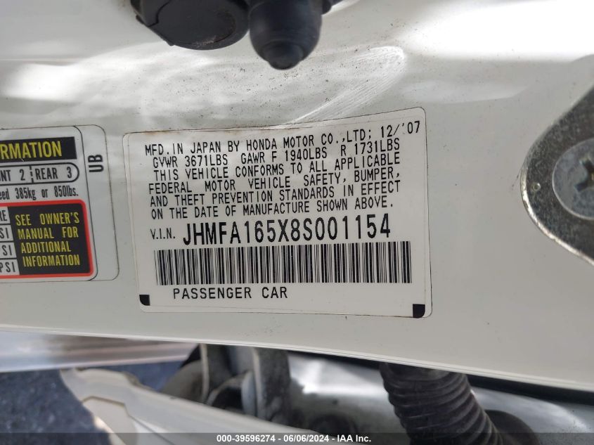 2008 Honda Civic Lx VIN: JHMFA165X8S001154 Lot: 39596274