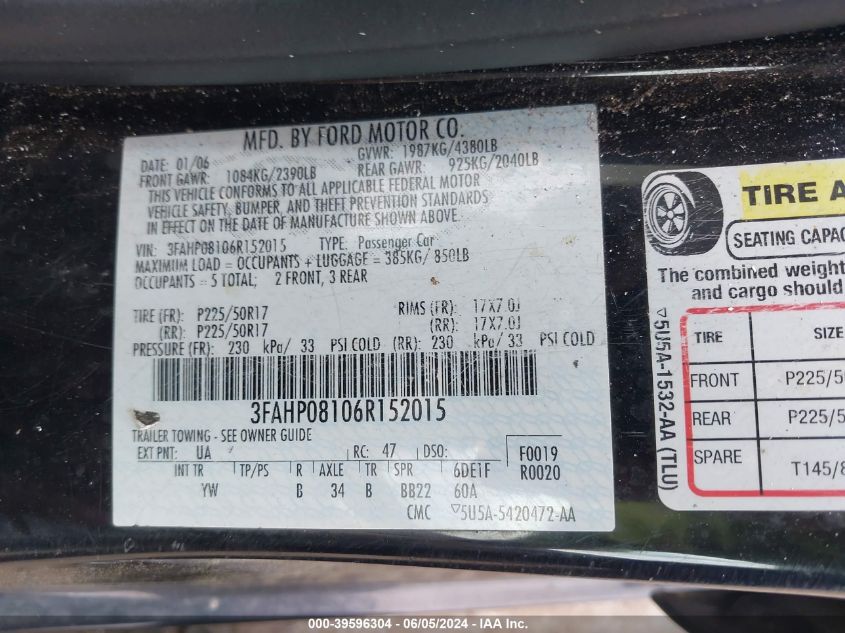 2006 Ford Fusion Sel VIN: 3FAHP08106R152015 Lot: 39596304