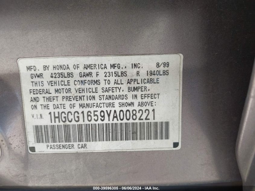 2000 Honda Accord 3.0 Ex VIN: 1HGCG1659YA008221 Lot: 39596305