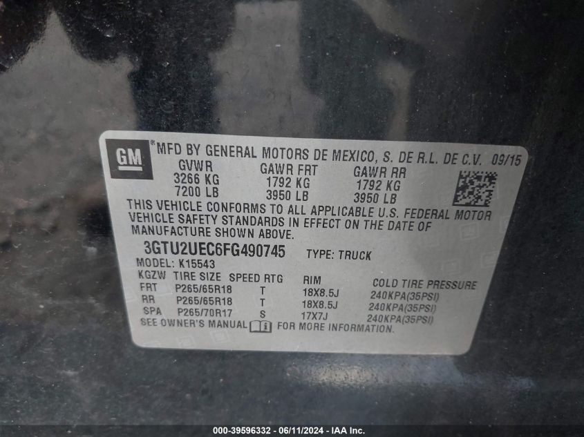 2015 GMC Sierra 1500 Sle VIN: 3GTU2UEC6FG490745 Lot: 39596332