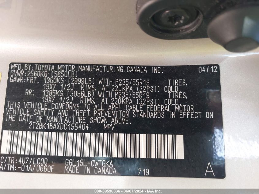 2013 Lexus Rx 350 VIN: 2T2BK1BAXDC155404 Lot: 39596336