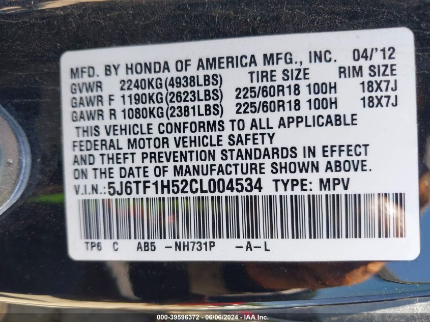 2012 Honda Crosstour Ex-L VIN: 5J6TF1H52CL004534 Lot: 39596372