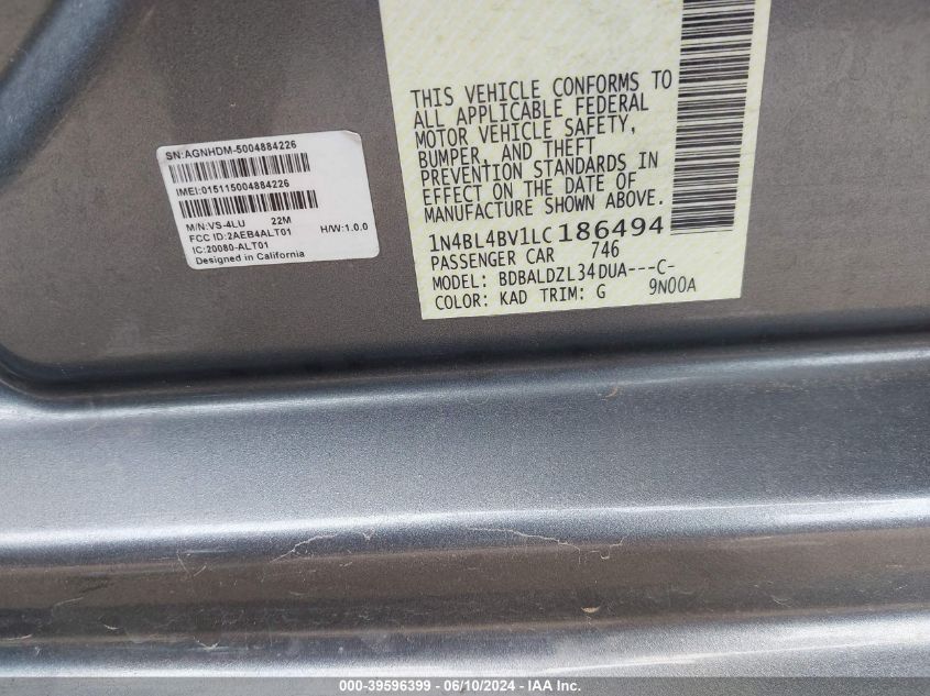 2020 Nissan Altima S Fwd VIN: 1N4BL4BV1LC186494 Lot: 39596399