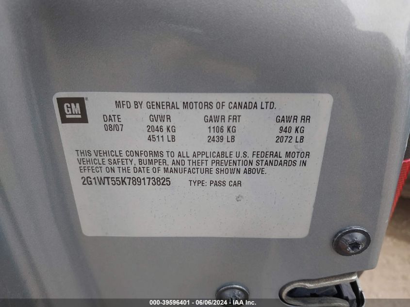 2008 Chevrolet Impala Lt VIN: 2G1WT55K789173825 Lot: 39596401