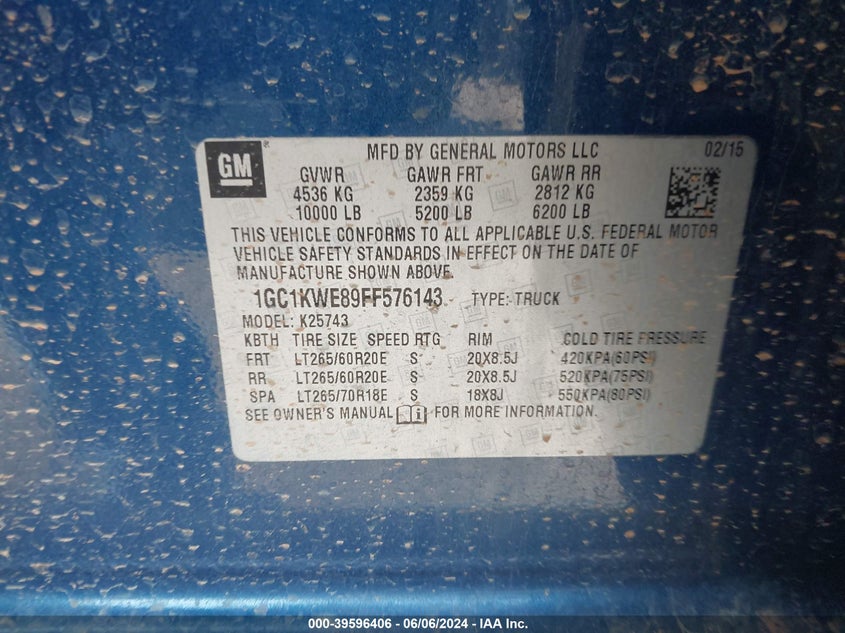 2015 Chevrolet Silverado 2500Hd Ltz VIN: 1GC1KWE89FF576143 Lot: 39596406