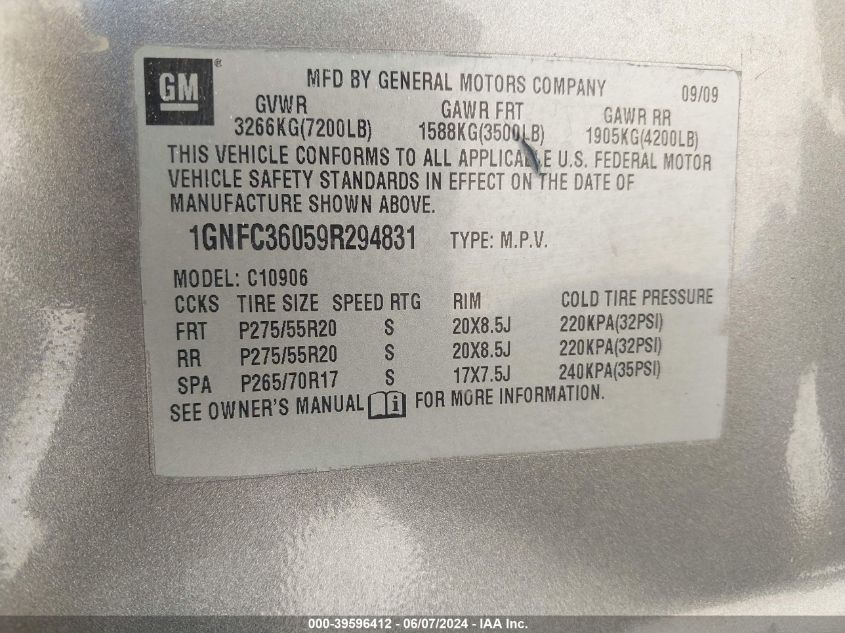 2009 Chevrolet Suburban 1500 Ltz VIN: 1GNFC36059R294831 Lot: 39596412