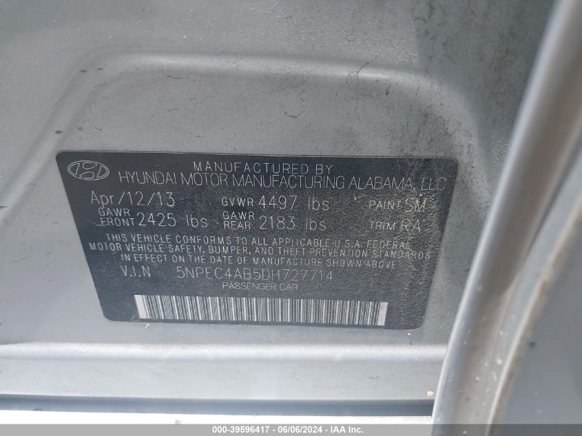 2013 Hyundai Sonata Limited 2.0T VIN: 5NPEC4AB5DH727714 Lot: 39596417